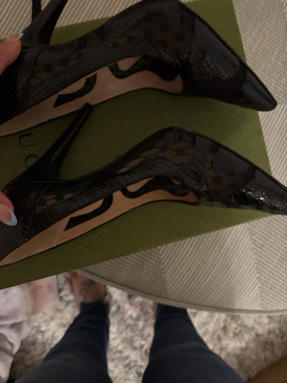 Gucci Black Python Pointed Toe Lace/Mesh GG logo and Leather Pumps - Picture 7 of 10